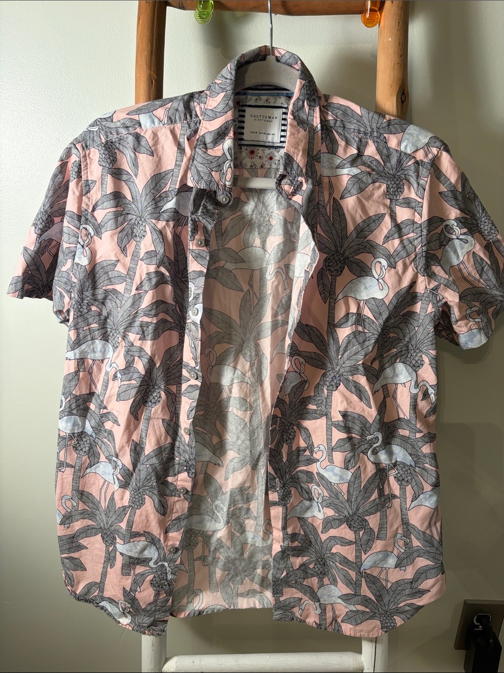 Cactus Pink and Gray Tropical Palm-Print Button-Down Shirt